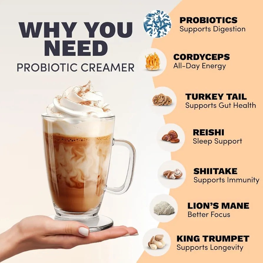 RYZE SUPERFOODS Probiotic Coffee Creamer with 6 Organic Adaptogenic Mushrooms & Probiotics for Energy, Focus, Digestion with USA Grown Turkey Tail, Shiitake, Lions Mane, Reishi, Gluten Free 30 serving