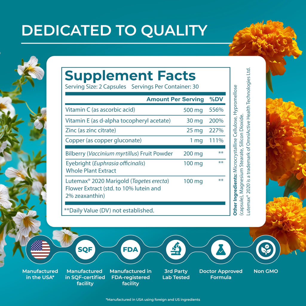 PUREHEALTH RESEARCH Complete Vision Formula - Eye Vitamins & Mineral Supplement - Lutein and Zeaxanthin Supplements for Men & Women - with Eyebright Herb, Zinc,